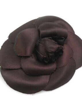 Auth CHANEL Camellia Flower Brooch Dark Brown Satin